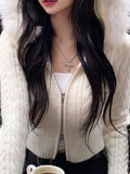 Sweet Furry Trim Hooded Knitted Cropped Cardigans Slim Zipper Long Sleeve Sweaters Women 2023 Autumn Winter Fashion Lady-Outfit