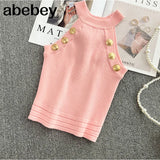 Summer New Hollow Out Womens Tank Tops Thin Knitted Sleeveless Sexy Tops Golden Buttons Camisole Women