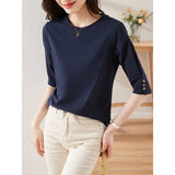 Toloer Design Five Sleeve T Shirt Summer 2023 New Fashion Button Design Five Sleeve T Shirt Women-Outfit