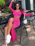 Spring Pure Color Long-Sleeved Fashion Sexy Split Long Skirt Two-piece