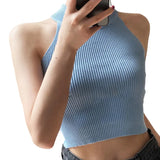 Women Ribbed Halter Tank Crop Tops Summer Spring 2023 Base T-shirt Harajuku Adults Sleeveless Solid Color Round Neck Knit Tops-Outfit