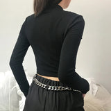 Sweetown Black Moto & Biker Cropped Jackets Coats Streetwear Zipper Stand Collar Print Long Sleeve Jacket Women Autumn