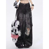Mm Cool Hole Jeans Female Large Size Street Personality Babes Tied Loose Thin Leg