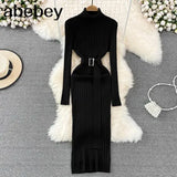 Black Turtleneck Sexy Women Dress Autumn Long Sleeve Skinny Maxi Boydcon Casual Sweater Plush Knee-Length Party