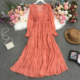 Holiday Dress Autumn Dress 2023 New Goddess Temperament V-Collar Rope-Drawn Waist Dress-Outfit