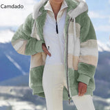 Winter Hooded Jacket Women 5X Plus Size Cotton jacket fashion Plush patchwork zipper pocket loose Long Sleeve Women Top