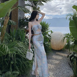 Romantic Hanging Neck Style Rose Flower Hollow-Out Dress Elegant Sexy Strapless Slim Dress-Outfit