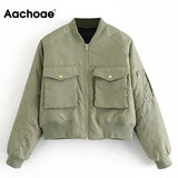 2022 Fashion Padded Bomber Jacket Women Streetwear Long Sleeve Zipper Warm Coat Autumn Winter Casual Pockets