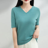 Toloer The Summer Of 2024, Women's Knit Short Sleeve Korean V-Neck Solid Color T-Shirt And A Pit Top-Outfit