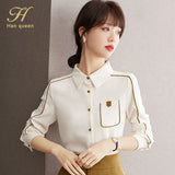 Han Queen 2023 New Arrival Shirt Women's Blouse Vintage Work Casual Tops Chiffon Blouse Elegant Loose Pocket Business Shirts-Outfit