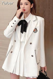 All-match High-waist Pleated Skirt Long Sleeve Lapel Blazer A-Line Elegant Shirt Clothes Preppy Style