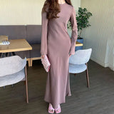 Toloer Women's New French Elegant Solid Color Round Collar Closed Waist Long Sleeve Temperament Winter