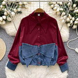 Dress Korean Fashion Design With Bow Denim Spliced Long-Sleeved Shirt Women Loose Shirt