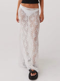 Women's Summer Y2K Vintage Beachwear Floral Lace Sheer See-through Low Waist Cover-ups Aesthetic Maxi Long Skirts-Outfit
