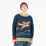 Cartoon Airplane Embroidery Sweater Harajuku Retro Style Knitted Sweater Autumn And Winter Cotton Pullover