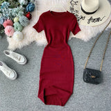 Solid-Color Temperament Round-Neck Knitted Tight Skirt Dress Bag Hip One-Step Skirt Dress Mid-Long