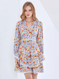 Print Pink Spring Dress For Women V Neck Long Sleeve High Waist Color Block Mini Dresses Female 2022 Fashion
