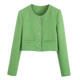Women Fashion Tweed Cropped Jacket Coat Vintage Long Sleeve Front Bejewelled Button Female Outerwear Chic