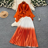 Wrinkled Butterfly Sleeve Gradient With Shawl Short Coat Top + Gradient 100 Folded Skirt Two-Piece