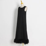 Toloer New Spring 2024 Round Collar Sleeveless Hem Stitching Feather Dress-Outfit