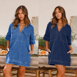 Toloer New Soft Denim Lapel Short Sleeve Loose Denim