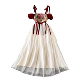 Retro Niche Design Embroidered Sling Dress La Liga Women's Clothing Waist Thin Net Yarn Long