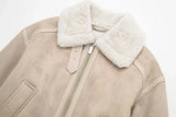 Beige Fur Lining Turn-Down Collar Biker Jacket-Outfit