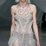 Toloer Mesh Perspective Design Slim Chest Condole Shirt 2023 New Pure Desire Gray Vest Without Bead Chain-Outfit