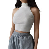 Women Ribbed Halter Tank Crop Tops Summer Spring 2023 Base T-shirt Harajuku Adults Sleeveless Solid Color Round Neck Knit Tops-Outfit