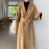 Women Minimalist Long Woolen Coat with Belt Full Sleeve Loose Warm Korean Ladies Overcoat Casual Outerwear Autumn