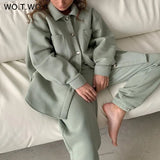 Single Breasted Oversized Fleece Winter Jacket and Pants Two Piece Matching Sets Women Warm Coats Female Sweatpants