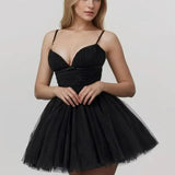 Black Mesh Frill Tulle Strap Mini Dress-Outfit