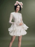 Frill Buttoned Long Sleeve Midi Dress-Outfit