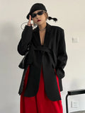Women Gray Ribbon Slit Big Size Blazer New Lapel Long Sleeve Loose Fit Jacket Fashion Tide Spring Autumn 2023