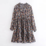Summer Boho Floral Print Dress Women Lantern Long Sleeve Pleated Dresses V Neck Beach Mini Dress Female Roupa