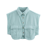 Color Women's Clothing 2025 Spring Solid Color Big Pocket Sleeveless Polo Collared Denim Shirt