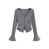Fashion Women's Fashion Autumn And Winter New Spice Girl V-Neck Single-Breasted Flared Sleeve Knitted Cardigan Slim T-Shirt-Outfit