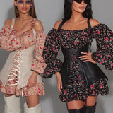 Toloer Women's Fall 2023 New Fashion Long-Sleeved Floral Dress With A Waistcoat Waist To Show A Thin A-Line Skirt-Outfit