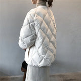 Autumn winter down jacket women fashion covered button o neck full sleeve diamond lattice oversize warm coat parka