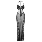 Women Lace See Through Long Dress Summer Clothes Sleeveless Halter Hollow Lace Floral Dress Sexy Club-Outfit
