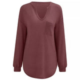 Toloer / Winter Fashion Women's Wear 2024 New Solid Color V-Neck Casual Slim Long Sleeve With Pocket Top-Outfit