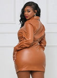Winter Brown Leather Button Up Ruched Mini Dress with