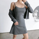 Trend Women's Wear Small And Fresh Slim Style Round Neck Fairy Halter Dress Long-Sleeved Cardigan Jacket Two-Piece Suit-Outfit