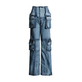 Toloer 2024 New Fashion High Street Design Sense Pocket Stitching Tooling Wind High Waist Straight Tube Denim Warehouse Pants Women-Outfit