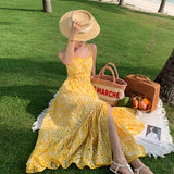 French Embroidery Hollow Out Fish Bone Perspective Sling Flounce Waist Show Thin Holiday Wind Beach Dress Summer-Outfit