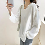 Concave Collar Long-Sleeved T-Shirt Female Spring And Autumn 2023 The New Korean Version Of Loose V-Neck Cotton Bottomed Shirt-Outfit