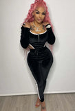 Winter Sexy Black Velvet Off Shoulder Zipper Bodysuit and Match Pants Two Piece