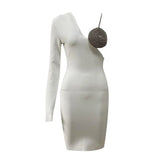 Black Sexy Cut Out Dress For Women V Neck Long Sleeve Patchwork Diamonds Asymmetrical Sheath Mini Dresses