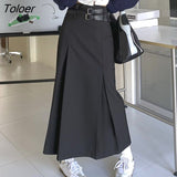 Korean Style High Waist Long Skirts Women Double Belt Preppy Midi Skirts Woman 2023 Black Gray Y2K Pleated A Line