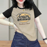 Clothing Cotton T-shirt Women's 2023 Summer New Korean Edition Contrast Printed Round Neck Short Sleeve Fashion Tops-Outfit